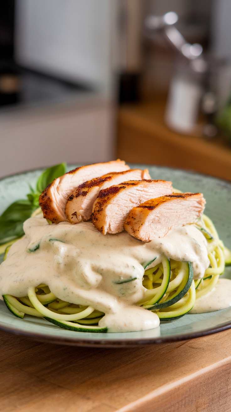 A plate of low-carb chicken Alfredo zoodles topped with sliced grilled chicken and creamy sauce