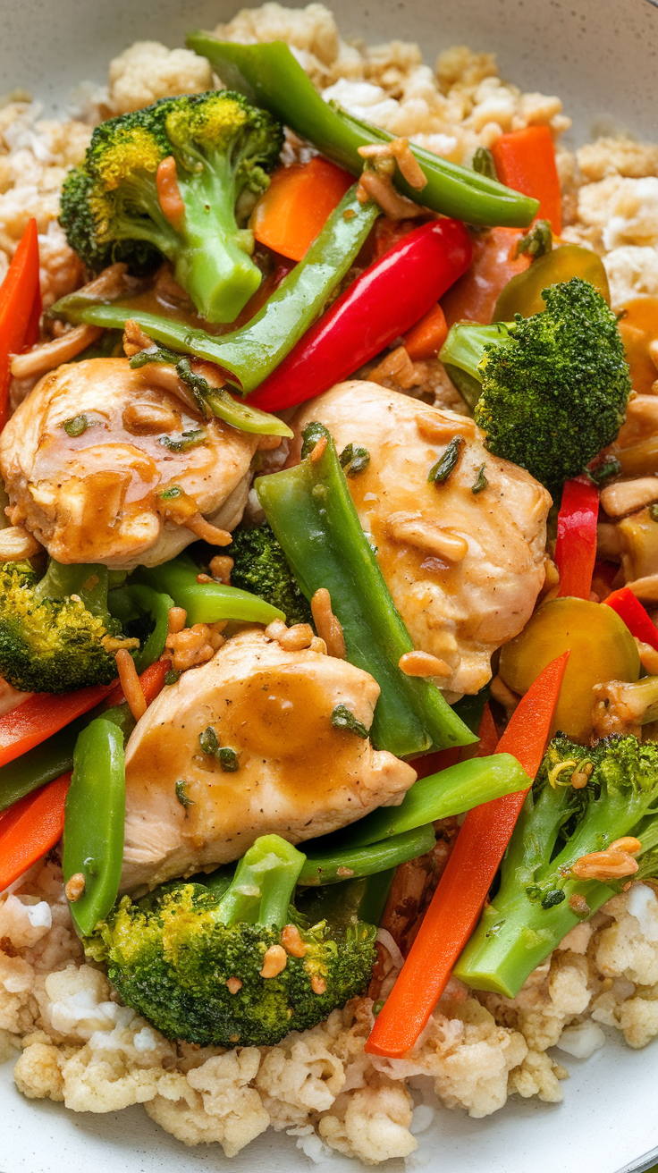 A delicious low-carb chicken stir-fry with a variety of colorful vegetables.