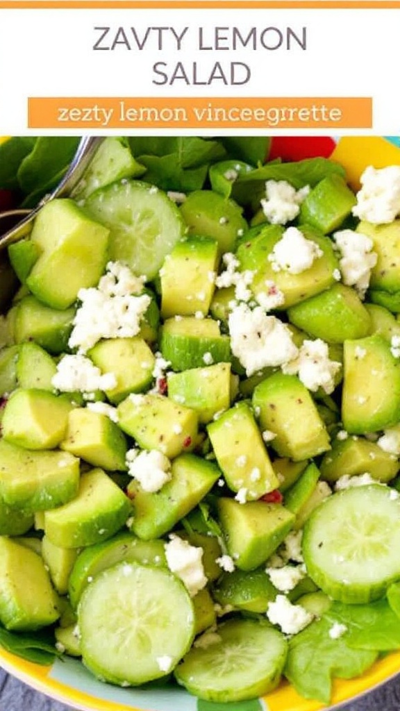 A colorful salad featuring cucumbers, avocado, and feta cheese