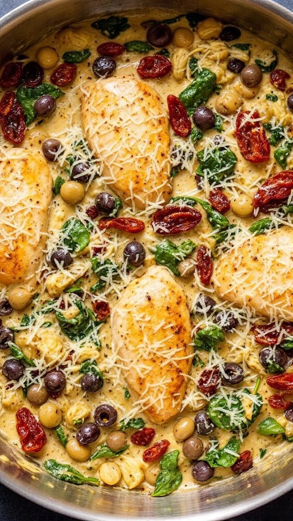 A skillet filled with creamy chicken, olives, spinach, and sun-dried tomatoes.