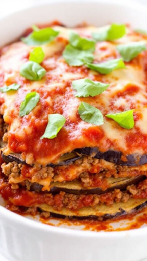 A close-up of Mediterranean eggplant bake topped with fresh basil and cheese.