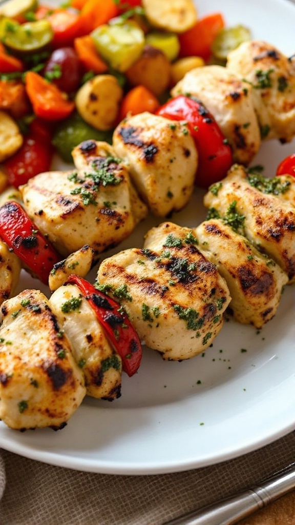 Grilled Mediterranean fish skewers with colorful vegetables.