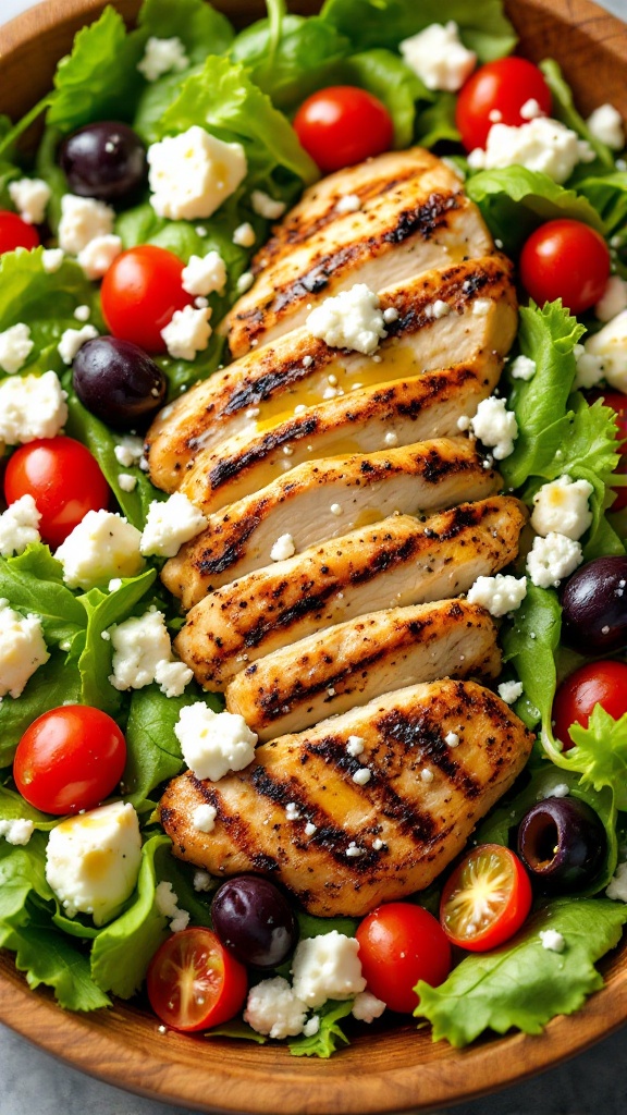 A colorful Mediterranean grilled chicken salad with greens, tomatoes, olives, and feta cheese.