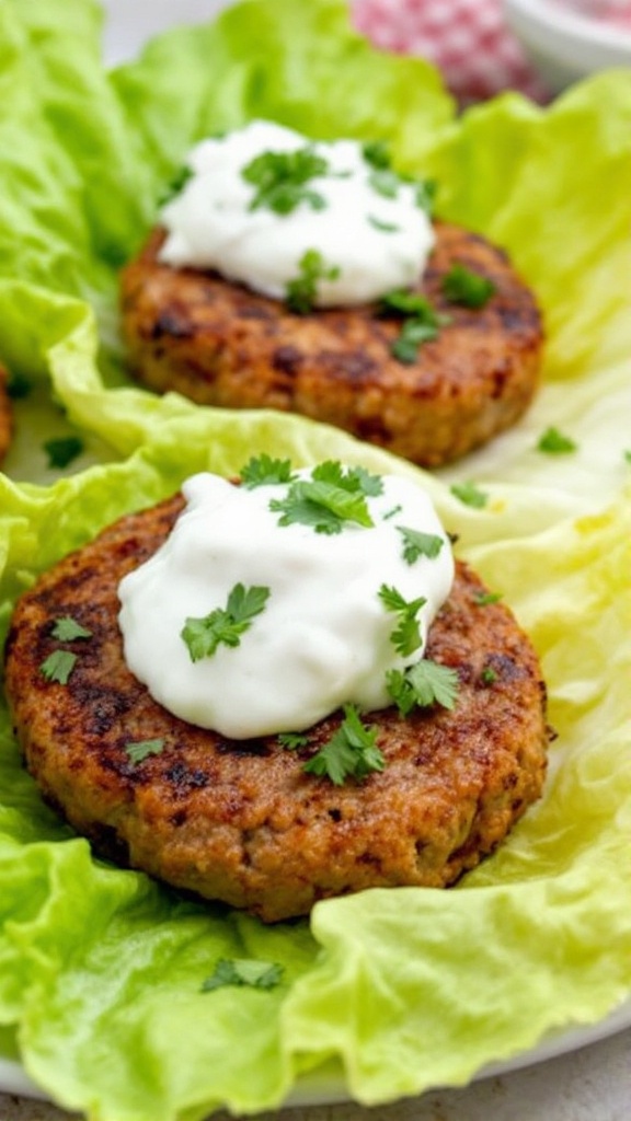 Mediterranean lamb burgers served on lettuce with yogurt and herbs