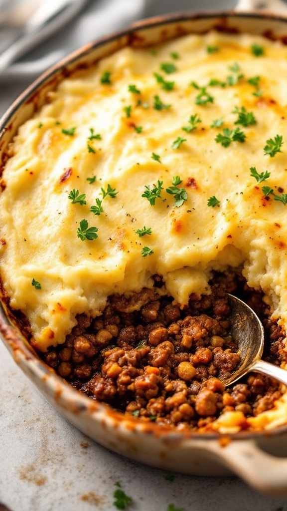 A close-up of Mediterranean Lamb Shepherd's Pie showing creamy mashed potatoes and a savory lamb filling.