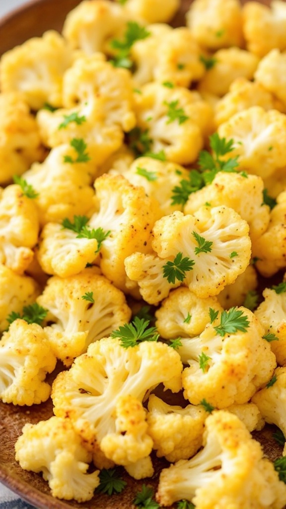 A plate of roasted cauliflower florets garnished with parsley.