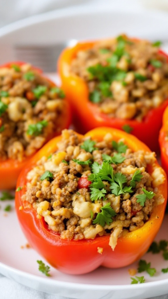 Stuffed bell peppers filled with meat and rice, garnished with herbs.