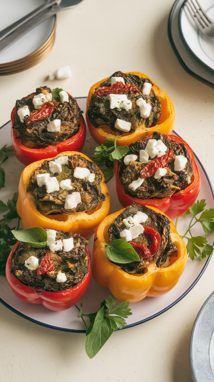 Colorful stuffed bell peppers topped with herbs and feta cheese.