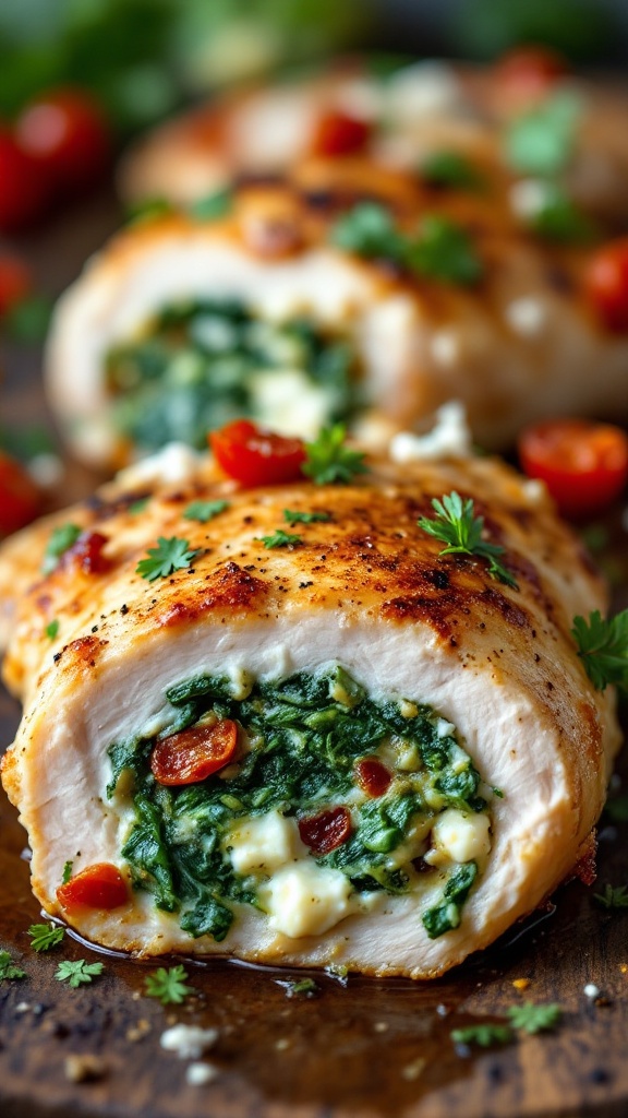 Close-up of Mediterranean stuffed chicken breasts with spinach and tomatoes