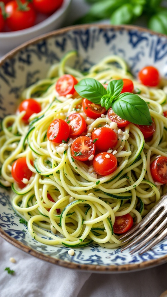 A bowl of zucchini noodles topped with cherry tomatoes and basil.