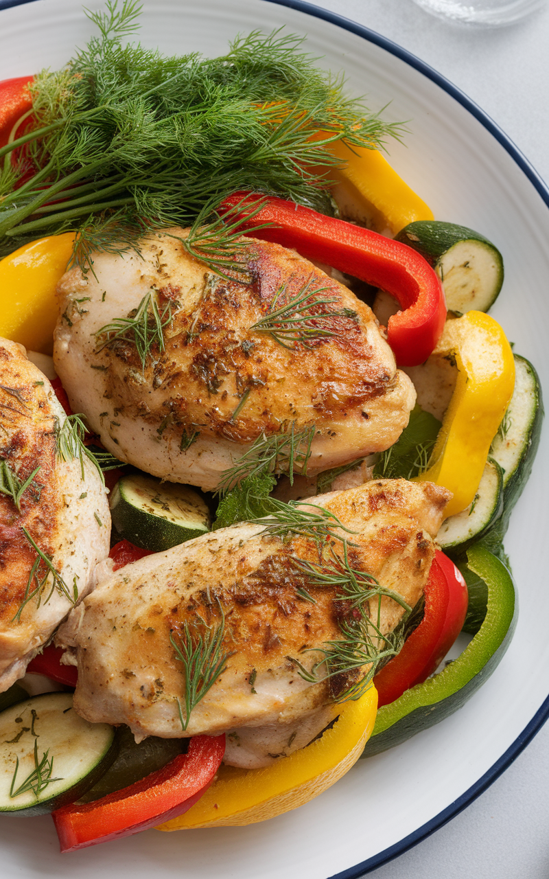 A plate of lemon dill chicken served with colorful vegetables.