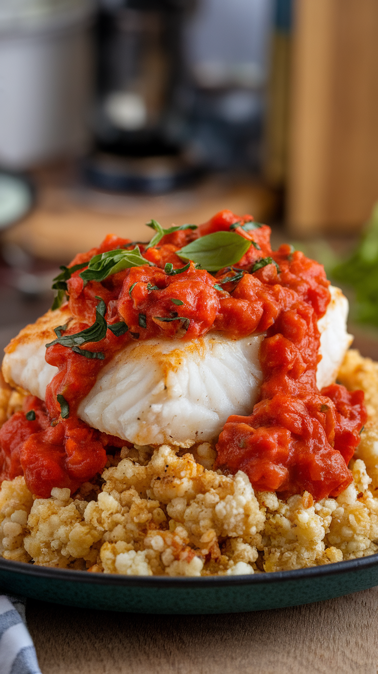 Oven-baked cod with tomato basil sauce served on a plate