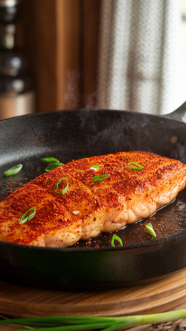 A perfectly cooked pan-fried catfish fillet seasoned with Cajun spices and garnished with green onions.