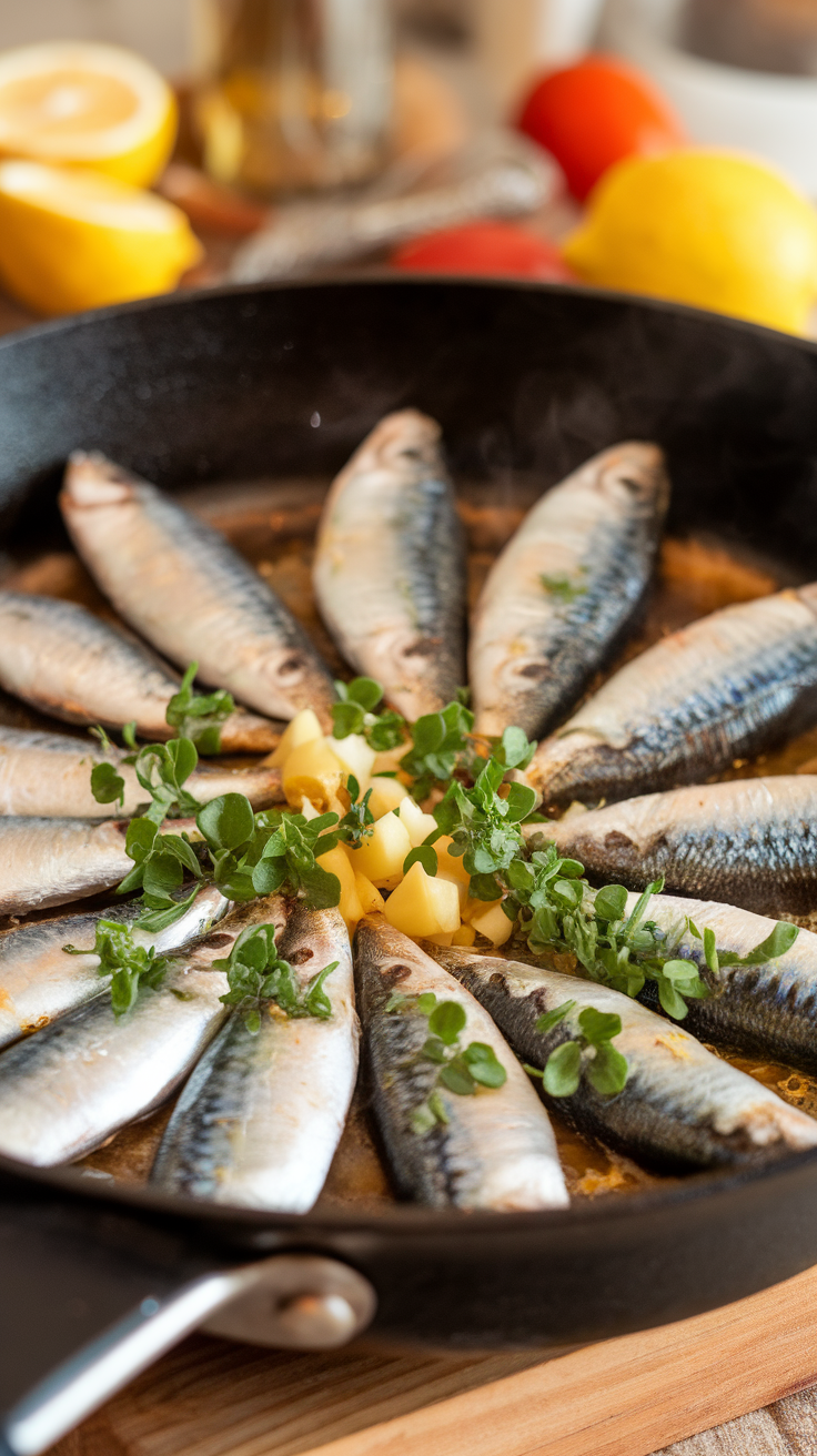 A skillet filled with beautifully arranged pan-fried sardines topped with herbs and lemon, perfect for a keto diet.