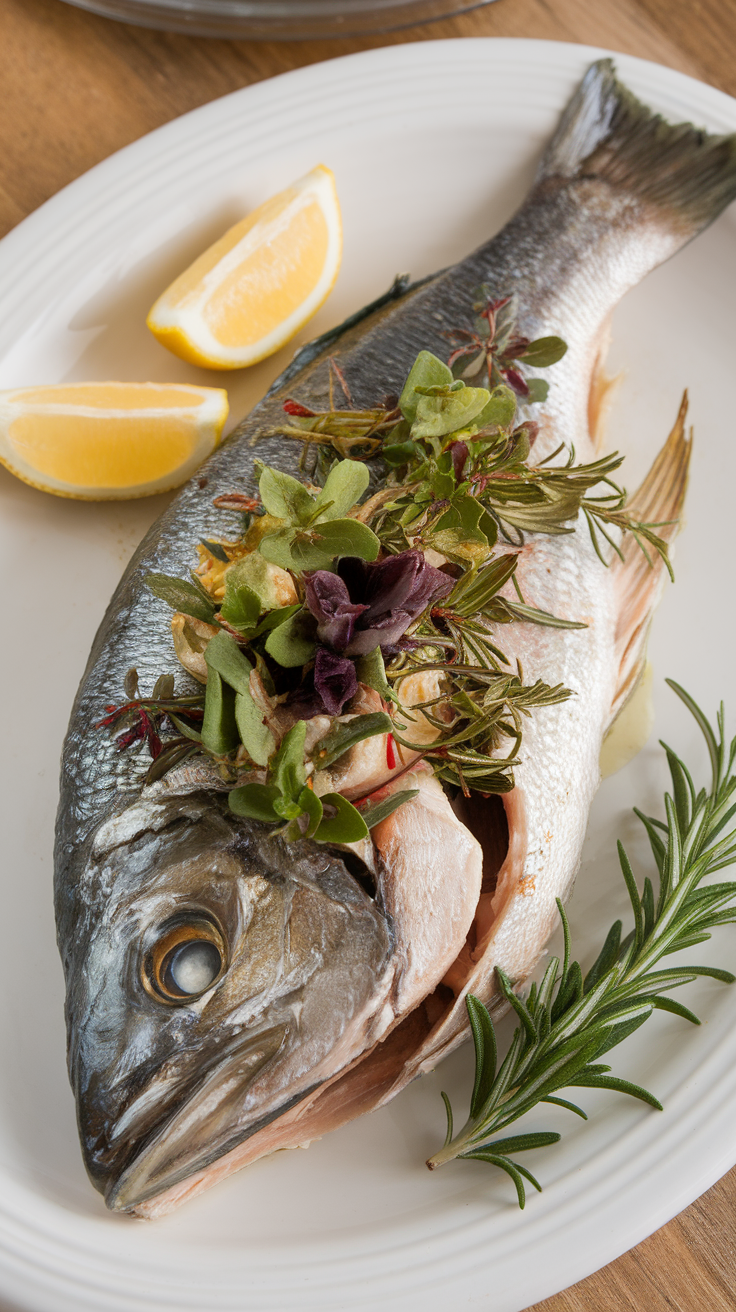 A beautifully cooked Branzino fish topped with fresh herbs and lemon on a plate.