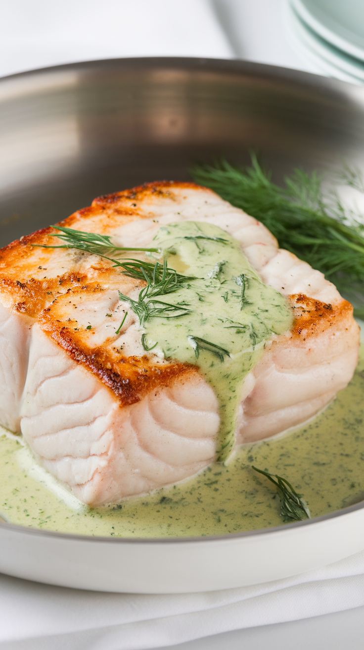 A piece of pan-seared halibut in a creamy dill sauce, garnished with fresh dill.