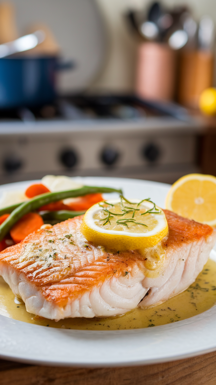 Pan-seared snapper with garlic lemon butter and vegetables on a plate