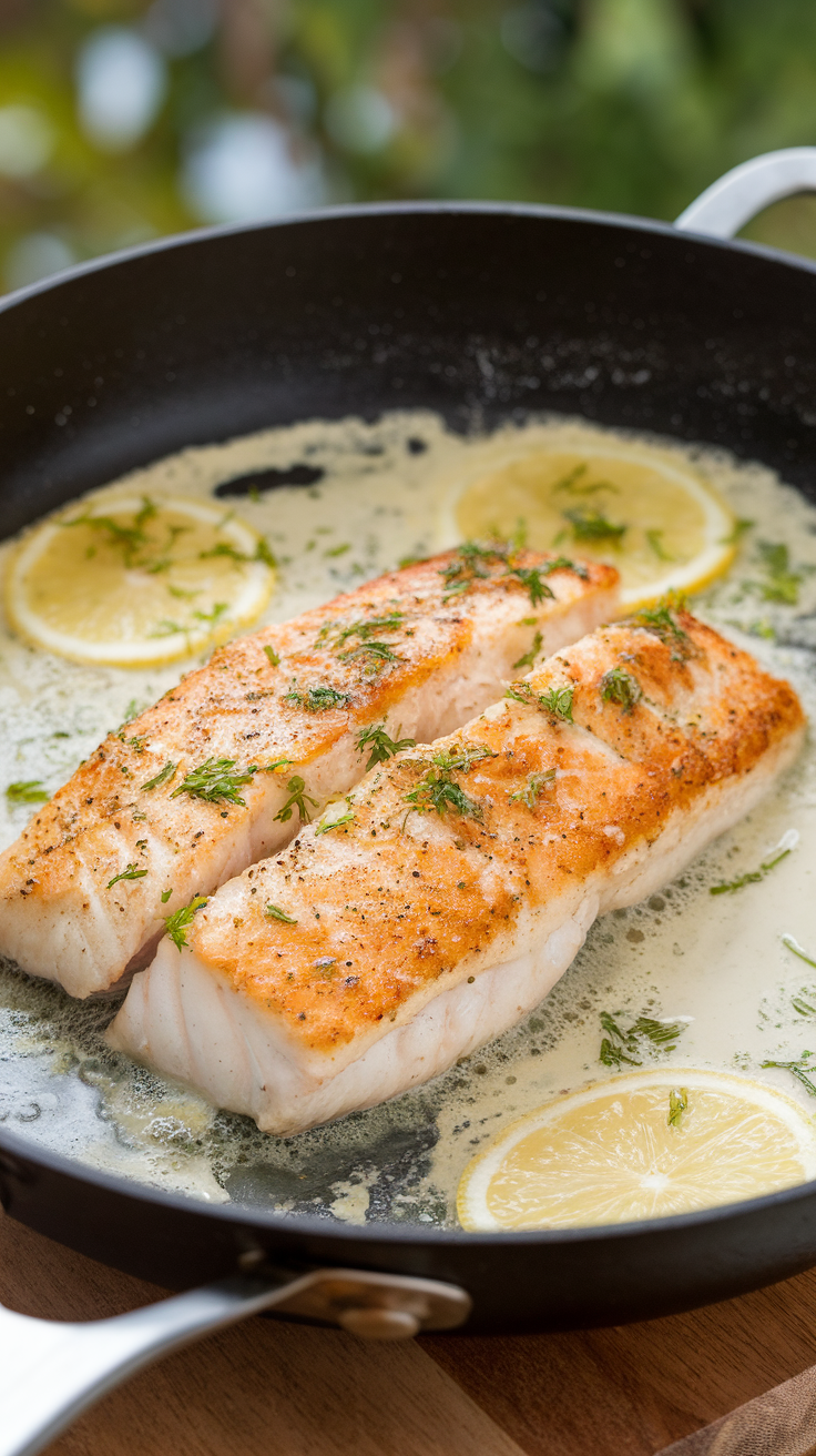 Pan-seared tilapia fillets cooking in a pan with lemon slices