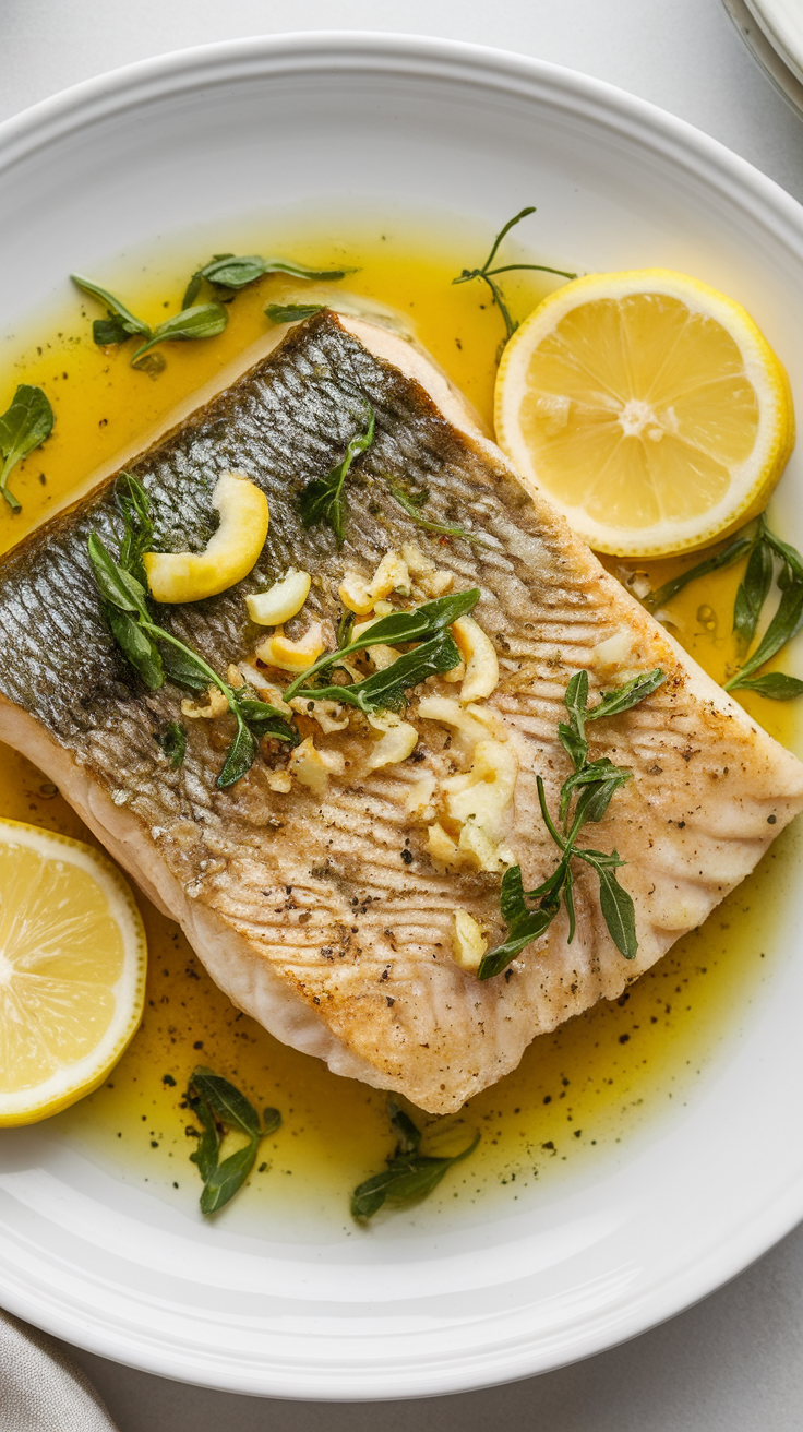 Pan-seared tilapia with lemon garlic sauce garnished with herbs and lemon slices