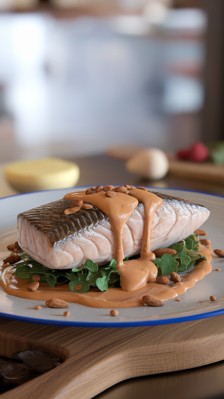 A beautifully plated pan-seared trout topped with almond butter sauce and garnished with greens