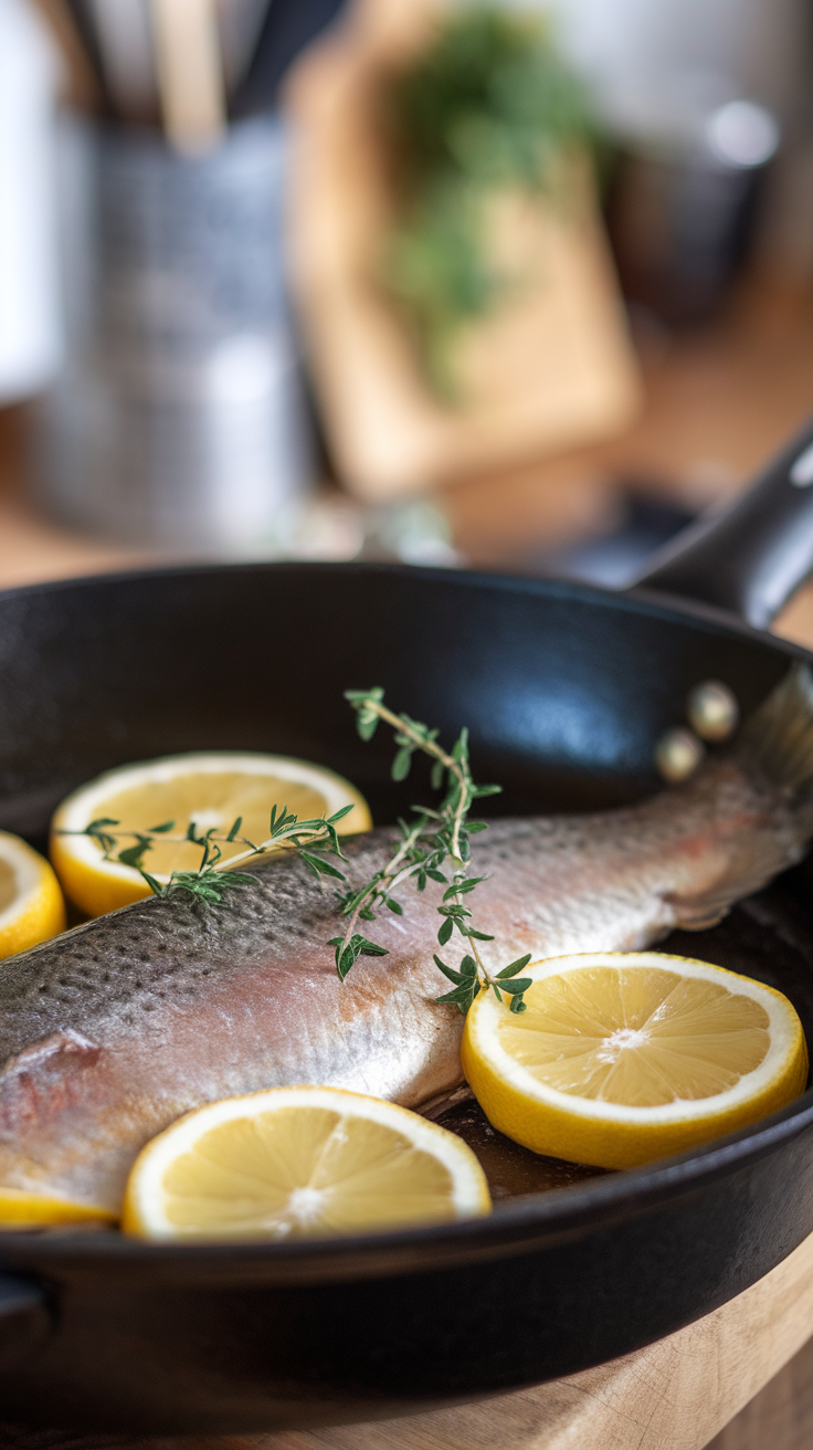 A pan-seared trout garnished with lemon slices and thyme in a skillet