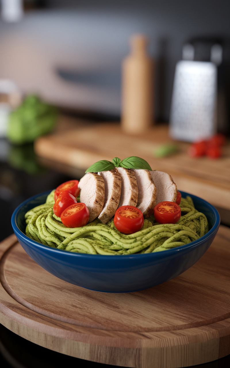 A bowl of pesto zoodles topped with grilled chicken and cherry tomatoes.