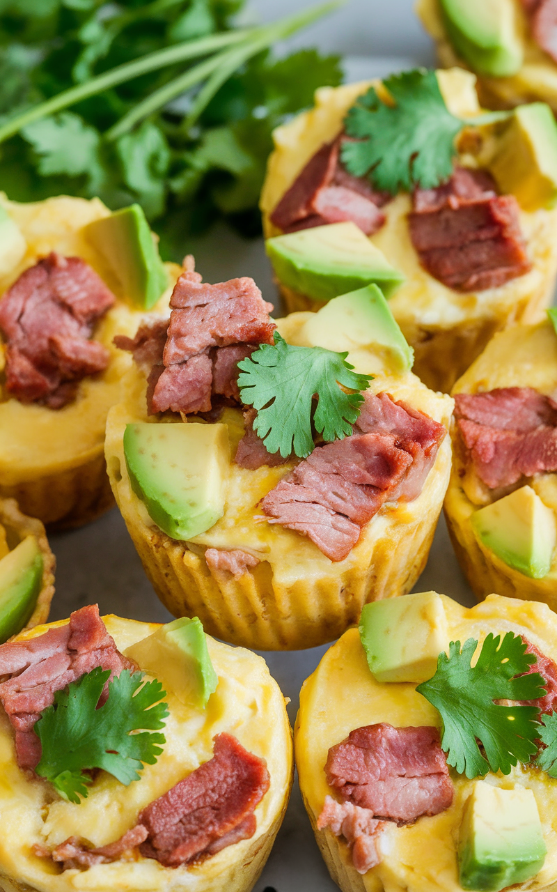 Close-up of Pork and Avocado Egg Muffins garnished with cilantro.