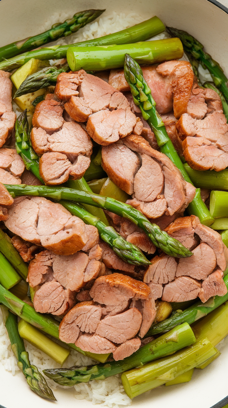 A delicious pork and asparagus stir-fry served over rice.