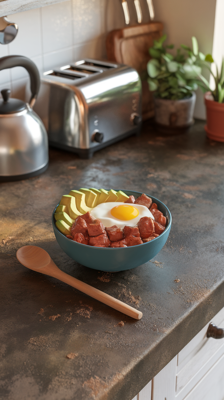 A bowl of pork, avocado, and egg on a kitchen counter.