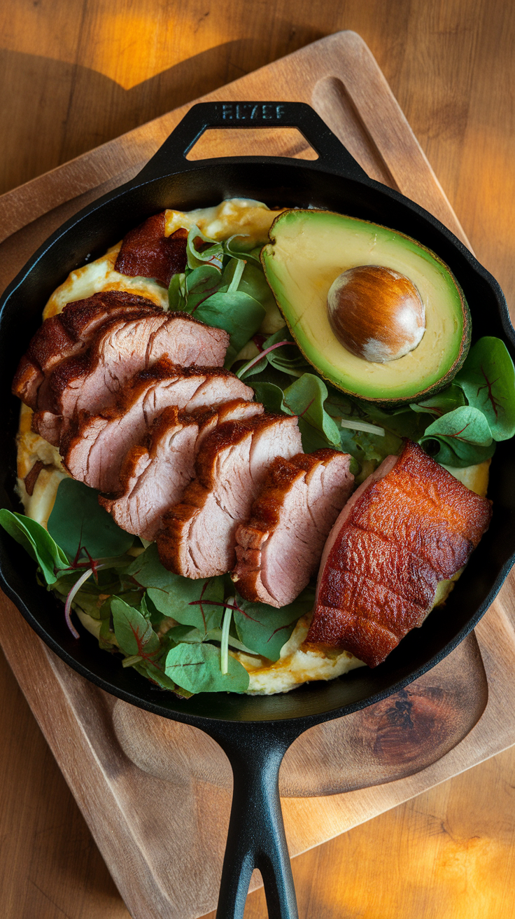 A cast iron skillet filled with sliced pork, avocado, and leafy greens.