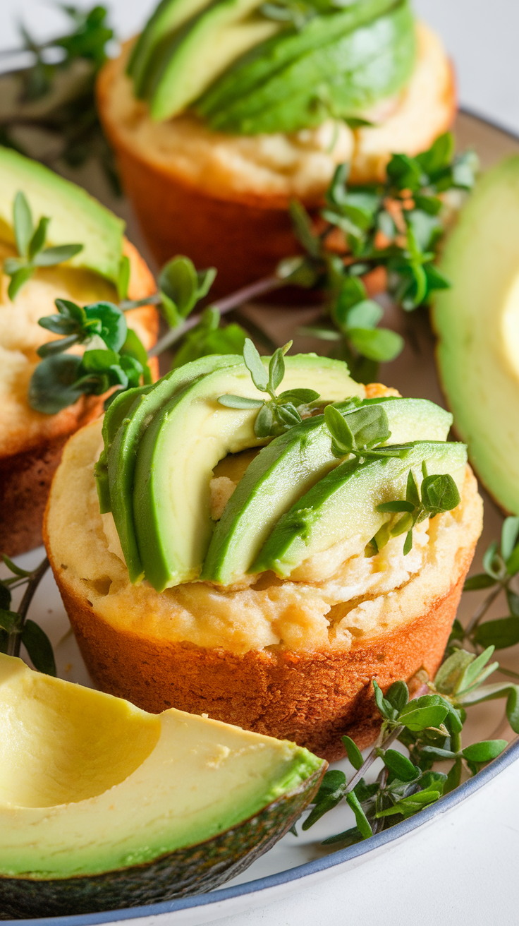 Pork and Avocado Egg Muffins topped with sliced avocado and garnished with herbs