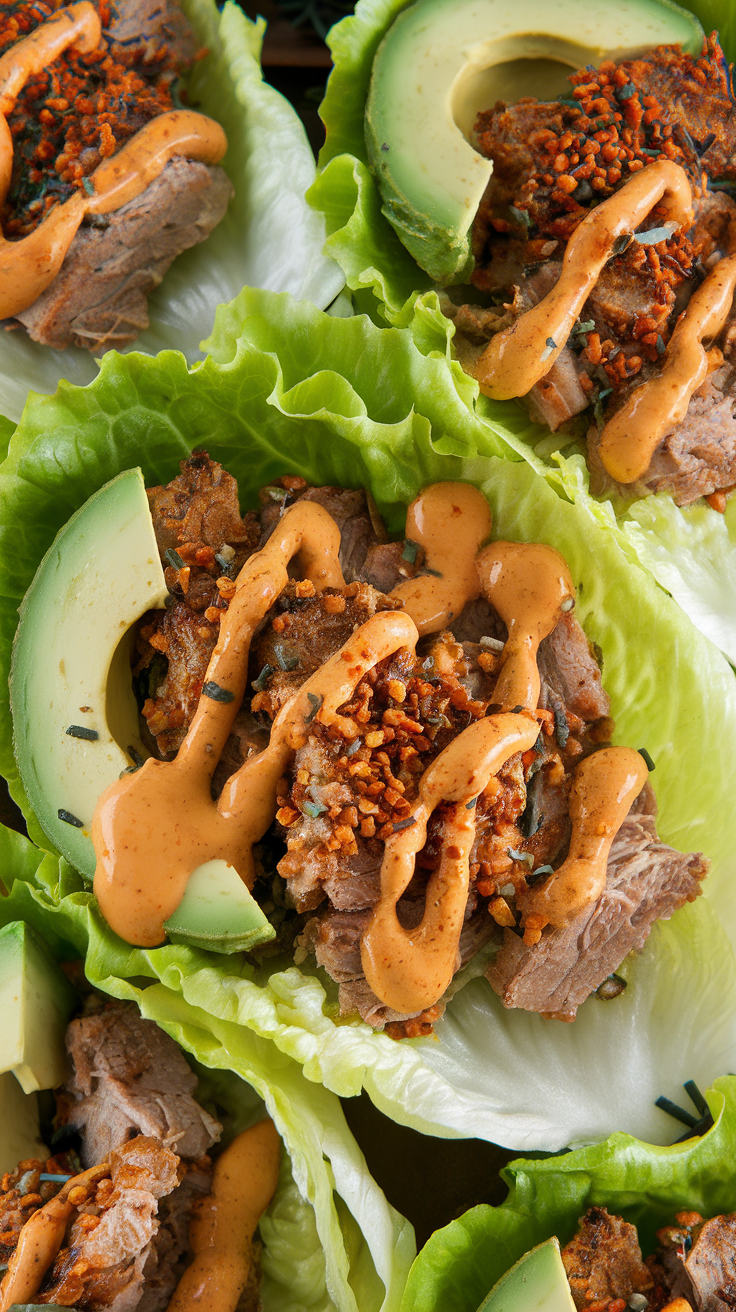 Pork and Avocado Lettuce Wraps served with sauce and garnished