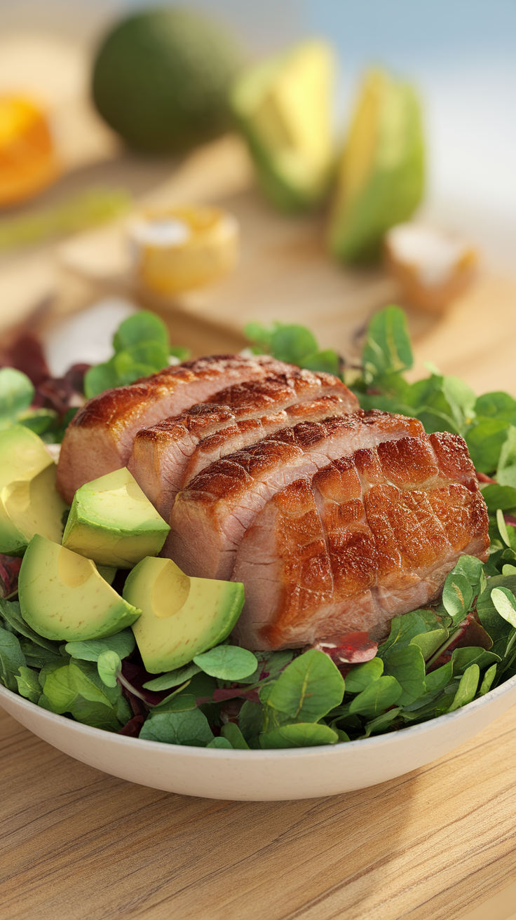 A delicious Pork and Avocado Salad featuring sliced pork on a bed of greens and avocado.