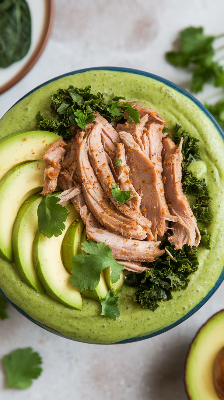 A bowl with a green smoothie base topped with sliced avocado, shredded pork, and greens