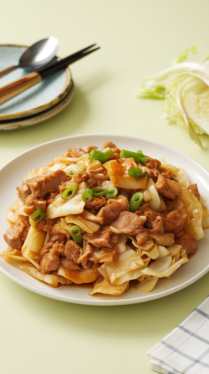 Plate of pork and cabbage stir-fry with green onions on top.