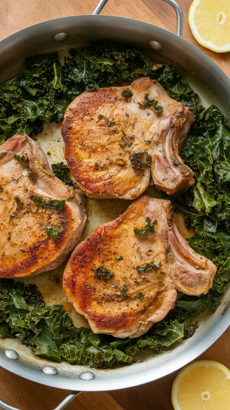 Pork chops on a bed of kale in a skillet