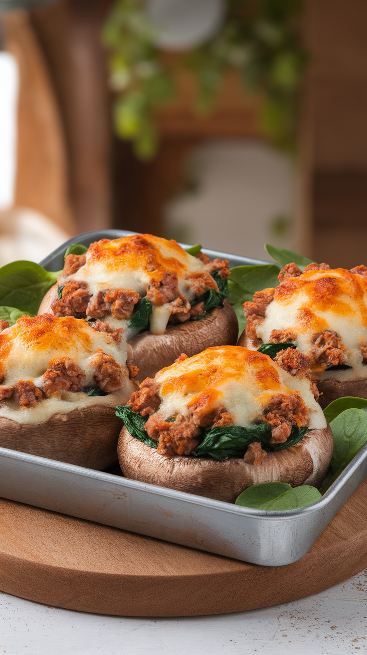 Baked mushrooms stuffed with pork and spinach, topped with melted cheese.