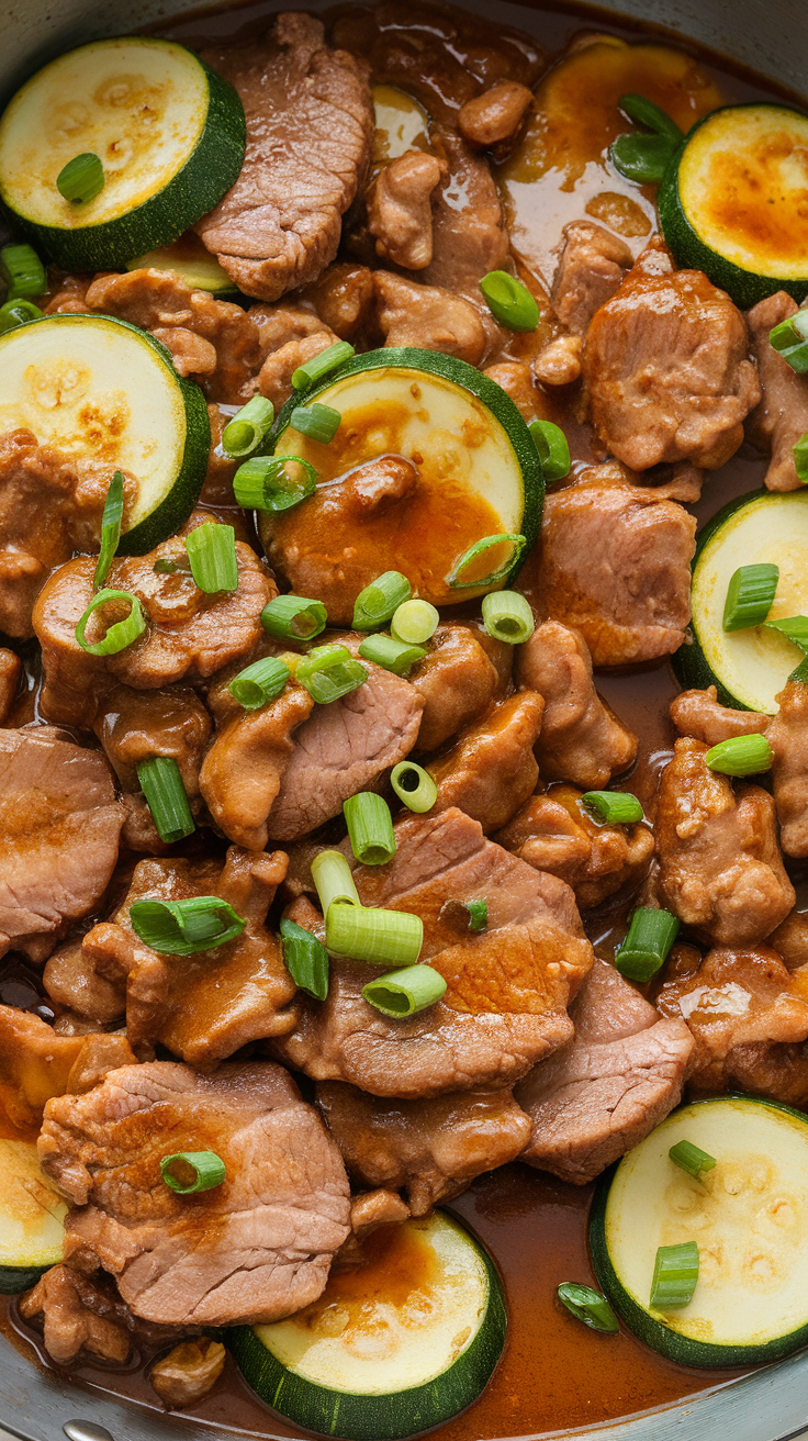 A close-up of pork and zucchini stir-fry with green onions.