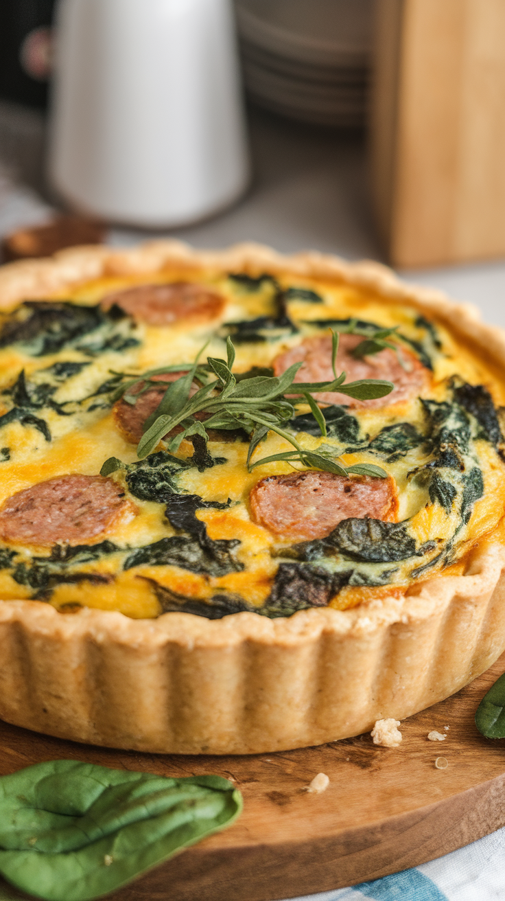 A freshly baked Pork Sausage and Spinach Quiche, garnished with herbs, on a wooden board.