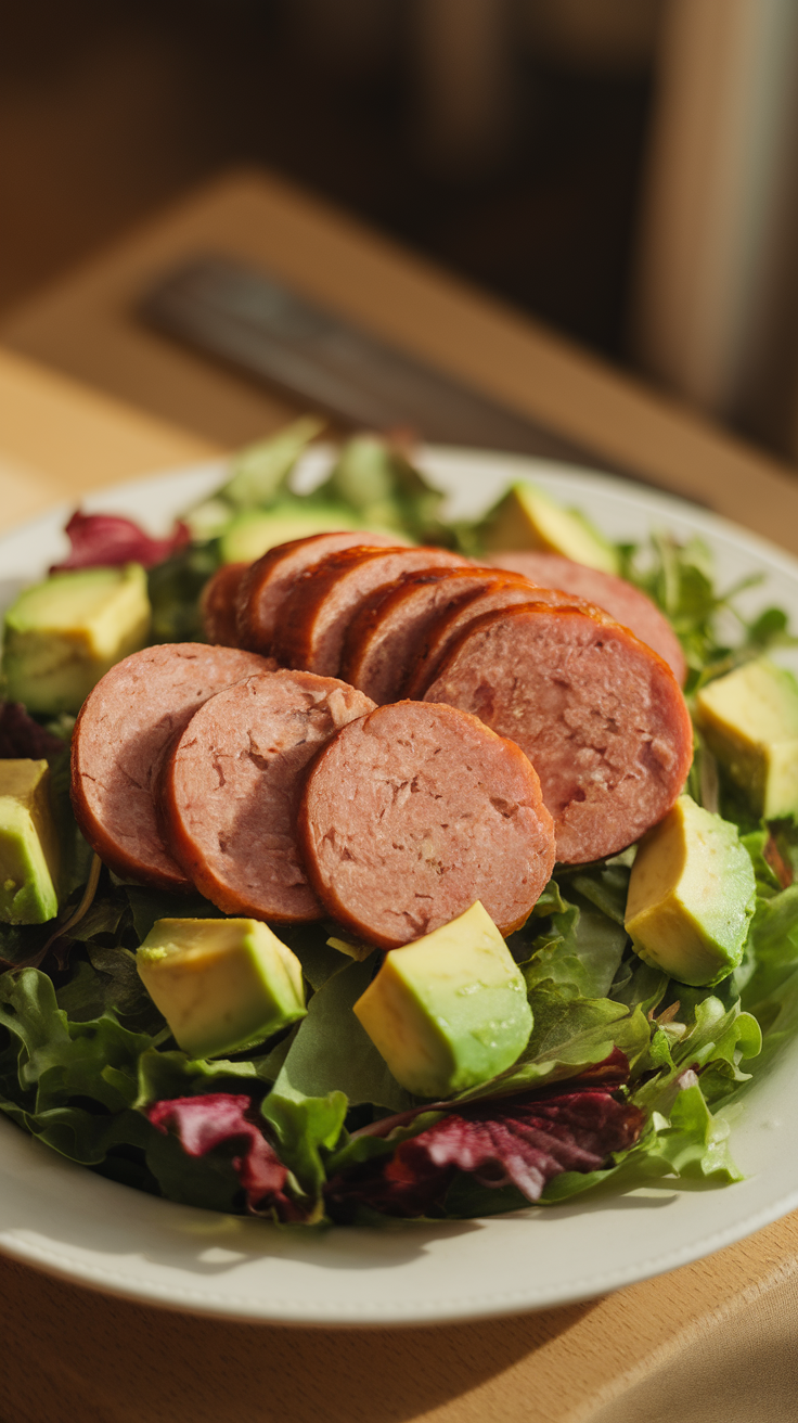 A plate of Pork Sausage and Avocado Salad with sliced sausage and avocado chunks on a bed of lettuce.