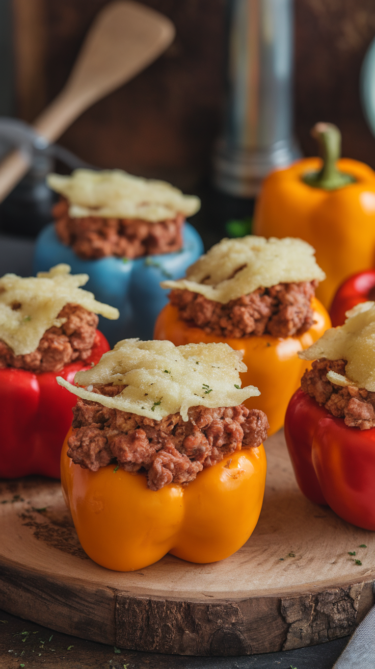 Colorful pork stuffed peppers topped with cheese on a wooden board.