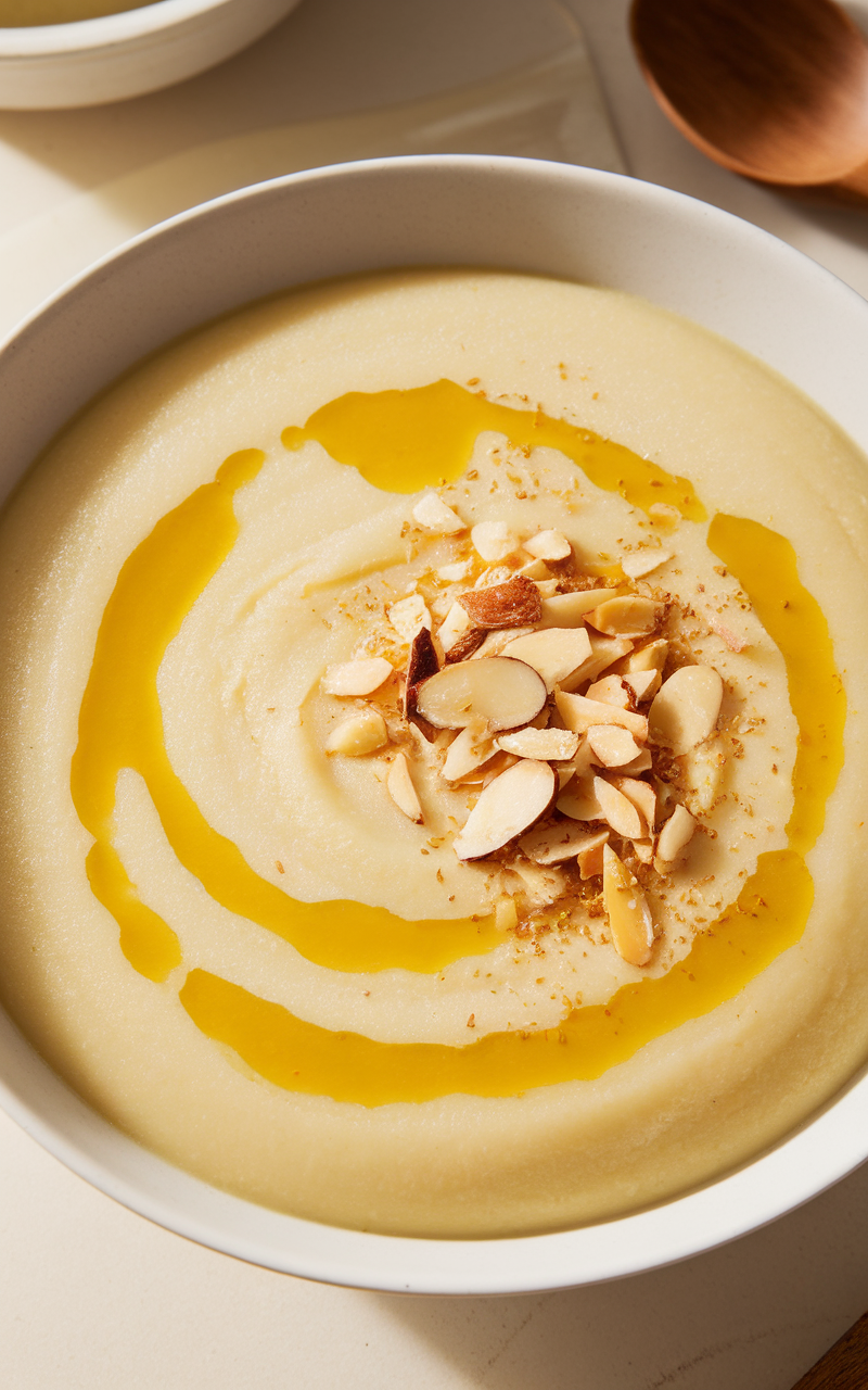 A bowl of creamy roasted cauliflower and almond soup topped with sliced almonds and a drizzle of olive oil.