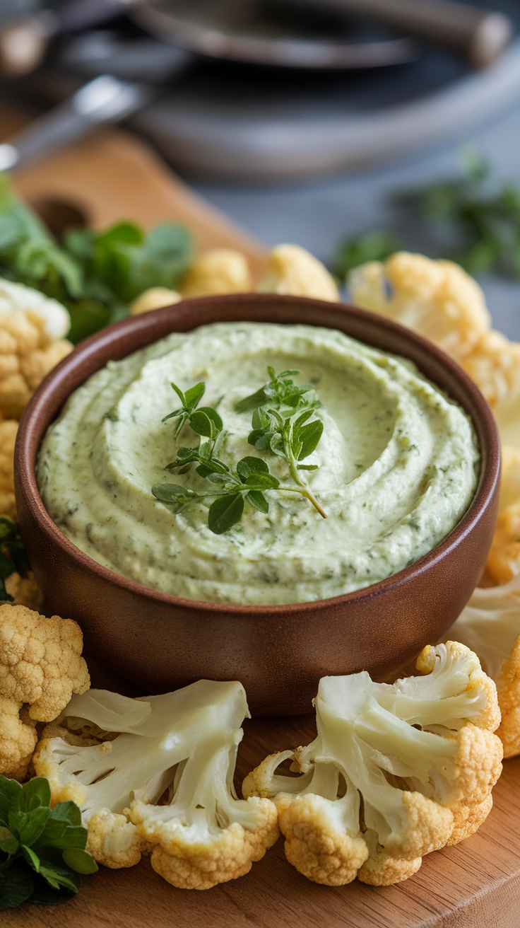 A bowl of roasted cauliflower avocado dip surrounded by cauliflower florets and herbs.