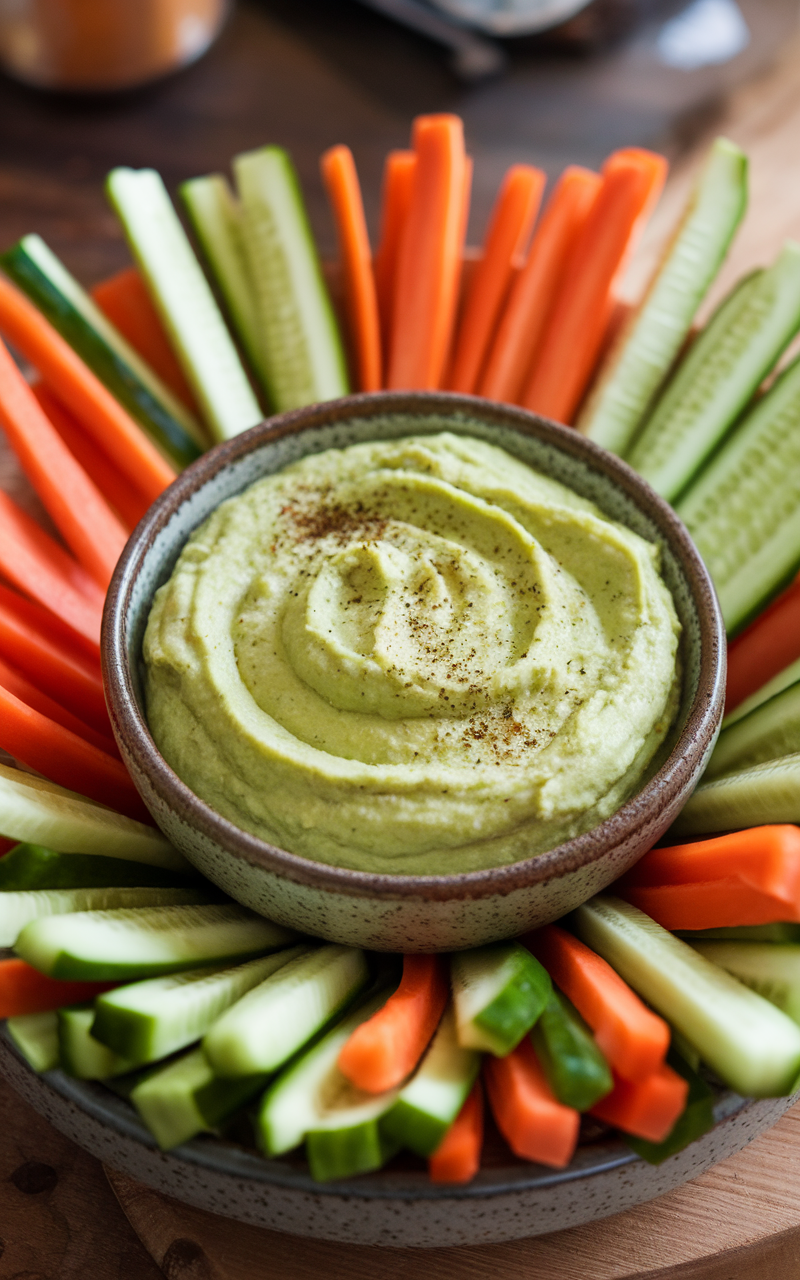 A bowl of green avocado dip surrounded by carrot and cucumber sticks