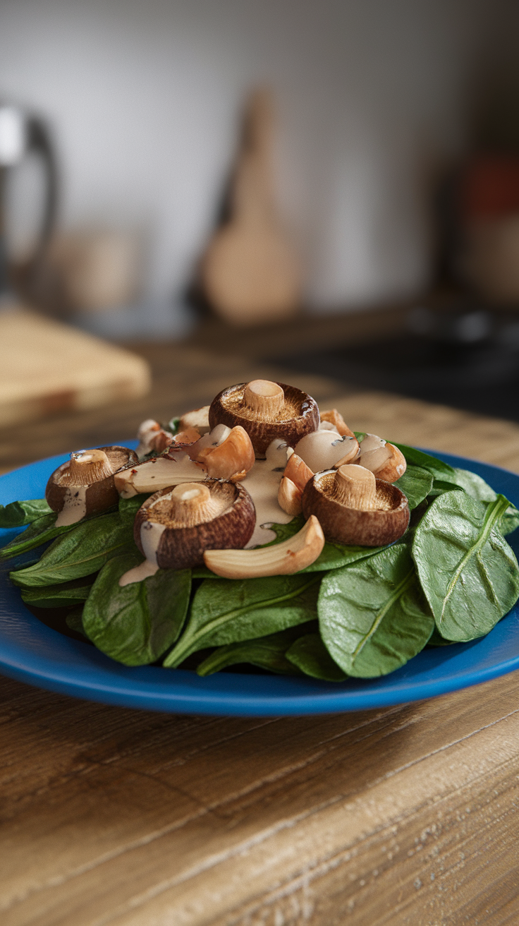 A vibrant roasted mushroom and spinach salad on a blue plate.