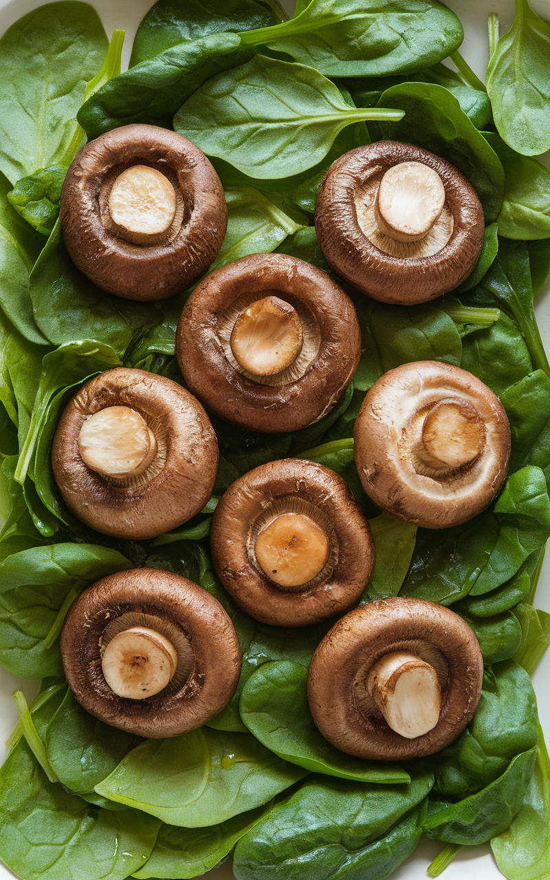 A close-up of roasted mushrooms arranged on a bed of fresh spinach leaves.