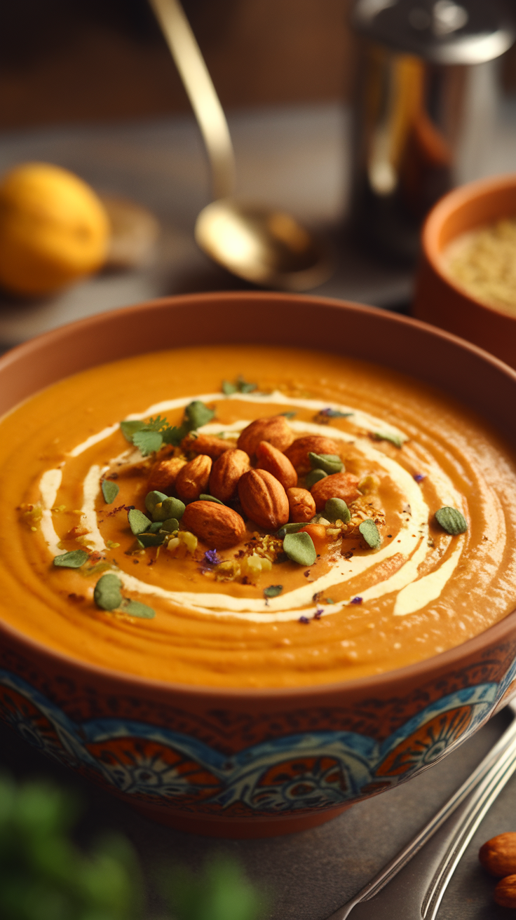 A beautifully presented bowl of roasted red pepper cauliflower soup topped with nuts and herbs.