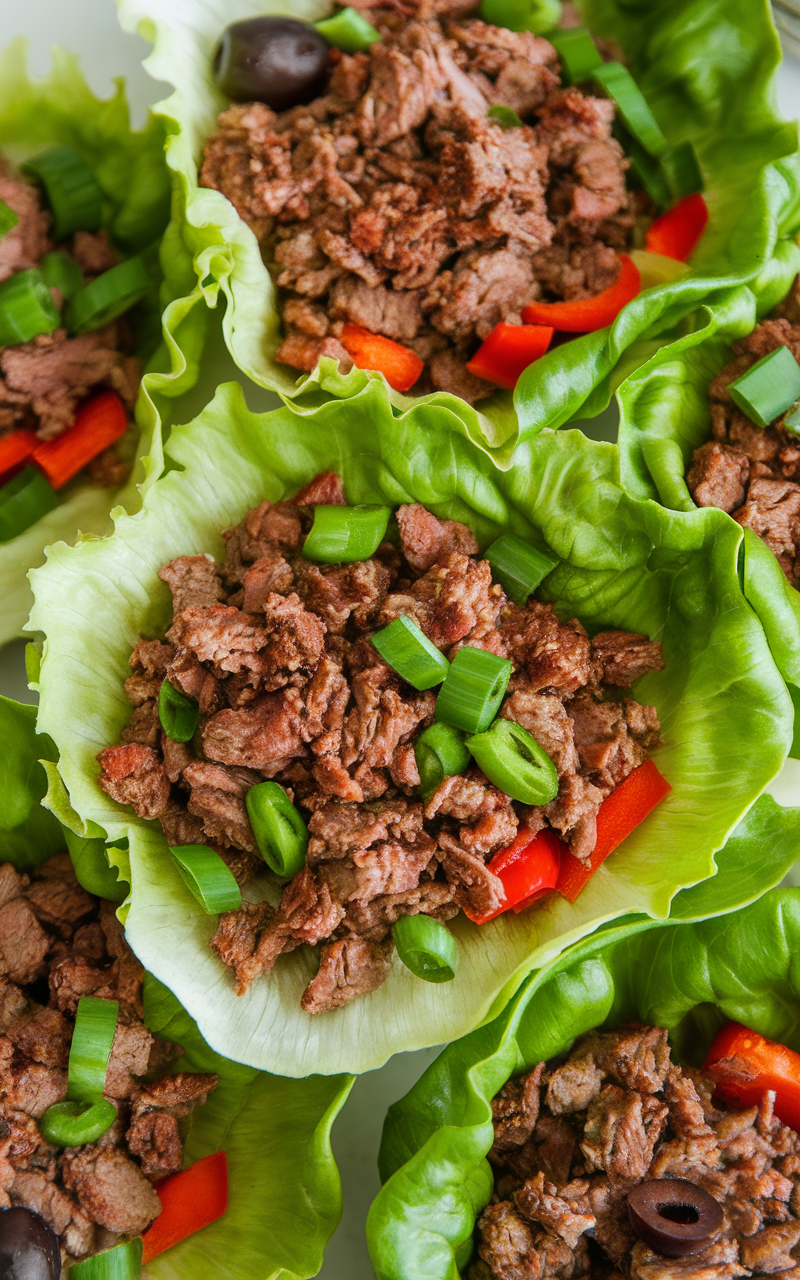 Spiced ground lamb in lettuce wraps with green onions and red peppers.