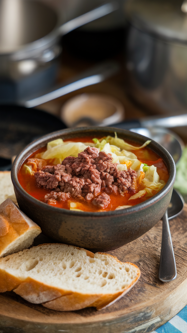 A bowl of spicy beef and cabbage soup with bread slices on a wooden board.