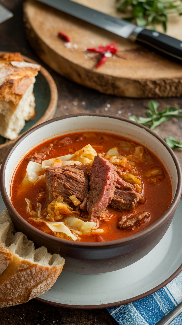 A bowl of spicy beef and cabbage soup with pieces of beef and cabbage served alongside bread.